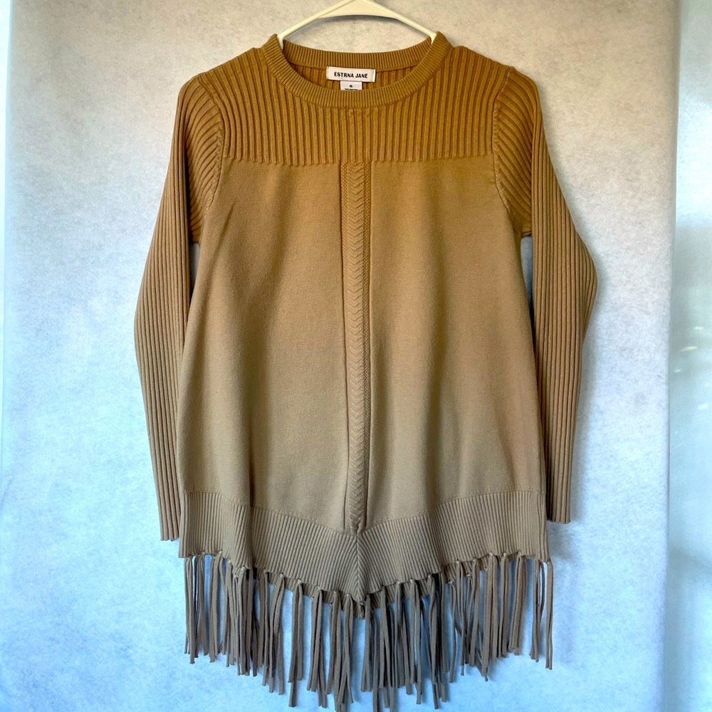 Estrna Jane Western Fringe Cozy Tassel Sweater Beige Women’s Small